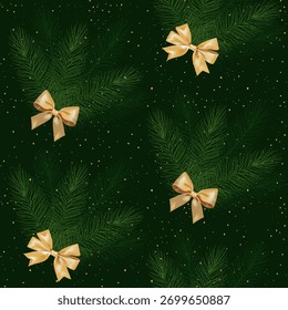 Patrón sin fisuras con ramas de abeto y arcos dorados. Decoración para papel de regalo y regalos