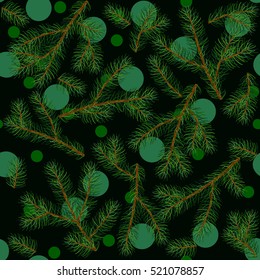 Seamless pattern with fir branches. New Year background. Vector illustration. Spruce. Fir. Decorated pine. Hand drawn.  Design element for winter. holiday. Fir tree branches. Coniferous sprouts.