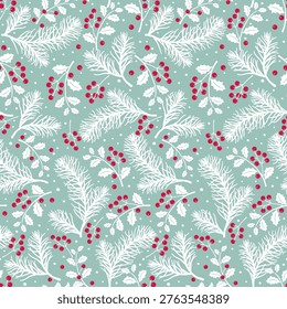 Seamless Pattern of Fir Branches, Pine Branches, Holly Leafs, and Red Berries. Light Teal Background- Christmas Fir Brach and Holly leafs Vector Illustration