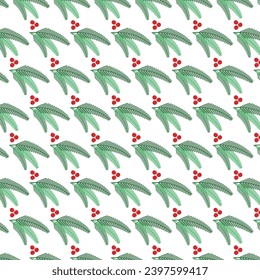 Seamless pattern with fir branches and red berries. Pattern in the swatches panel. Vector.