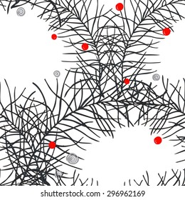 Seamless pattern of fir branches & red berries on white background - vector illustration