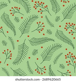 Seamless pattern with fir branches and rowan on a light green background. Christmas print for wrapping paper and decor. Green and red colors. Vector illustration