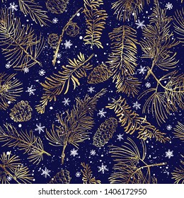 Seamless pattern with fir branches and snow. Christmas and New Year background. Vector illustration.