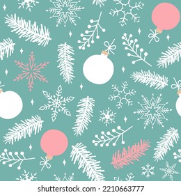 Seamless pattern of fir branches, snowflakes and Christmas toys. Christmas vector illustration.