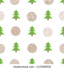 Seamless pattern with fir and circles on the white background. Vector illustration