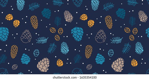 Seamless pattern of fir cones and branches on a dark blue background.
