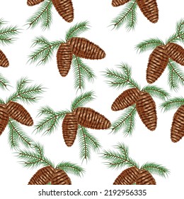 Seamless pattern of fir cones on a branch on a white background.Vector pattern can be used in Christmas designs.textiles.