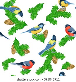 Seamless pattern with fir paws, titmouse and bullfinches
