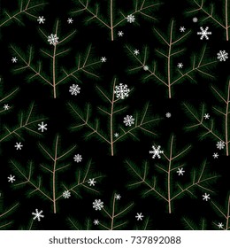 Seamless pattern with fir or pine boughs and snowflakes on black background. Abstract night winter motif.