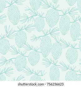 Seamless pattern with fir and pine branches and cones. Christmas and New Year blue background. Vector illustration.