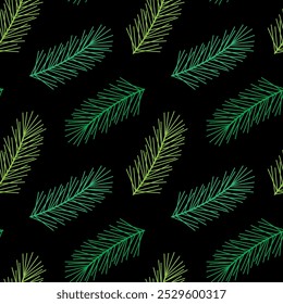 Seamless pattern with fir and pine green twigs. Linear vector illustration of coniferous branch. Dark spruce background