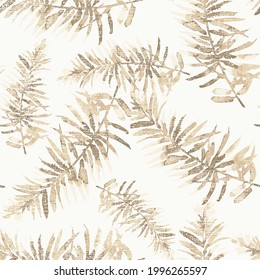 seamless pattern with fir tree branches, beige branches with leaves Botanical seamless background pattern, tropical fern leaves,