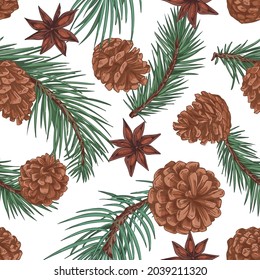 Patrón sin brillo con ramas de abetos y conos sobre fondo blanco. Una textura repetible infinita con abeto de Navidad y estrellas de anís. Coníferas de época. Ilustración vectorial dibujada a mano