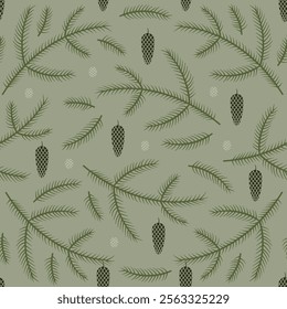 Seamless pattern with fir tree branches and cones.
