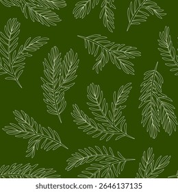 Seamless pattern of fir tree branches in lines on a green background