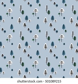 Seamless pattern with fir tree forest. Hand drawn abstract ink trees.