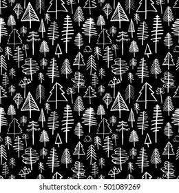 Seamless pattern with fir tree forest. Hand drawn abstract ink trees. Black and white background