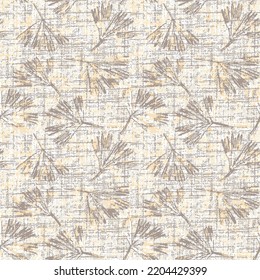 seamless pattern with fir tree leaf branches, grey yellow slub textured branches with leaves Botanical seamless background pattern, tropical leaves,stamp leaves