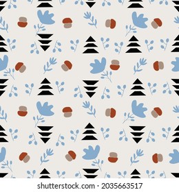 seamless pattern with fir tree, mushrooms and flowers. Hand drawn, vector design for paper, fabric and other surface