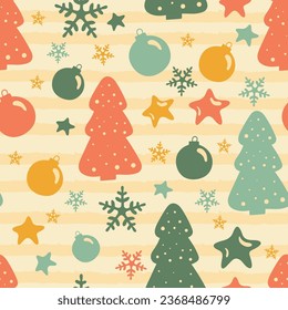 Seamless pattern with fir tree, star, snowflake, christmas ball. Cartoon background for xmas and new year design