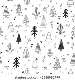 seamless pattern, Fir tree, stars, dots, snow,  line drawing. Holiday design elements are isolated on white background. Simple shape conceptfor winter  card, for  party poster, banner, print.  art