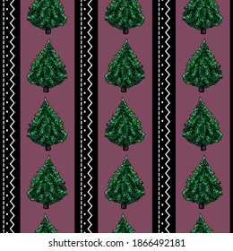 Seamless pattern of fir tree, violet background, cartoon style, vertical stripes, black, zigzag, dashed, outline, New year, winter, december, wallpaper, gift paper, print, fabric, card, clothes, party