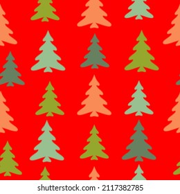 Seamless pattern with fir trees. Colorful background vector. Seamless christmas pattern with christmas trees, bows, snowflakes on colored background