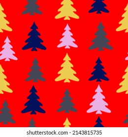 Seamless pattern with fir trees. Colorful background vector. Seamless christmas pattern with christmas trees, bows, snowflakes on colored background