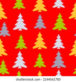 Seamless pattern with fir trees. Colorful background vector. Seamless christmas pattern with christmas trees, bows, snowflakes on colored background