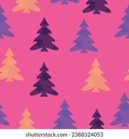 Seamless pattern with fir trees. Colorful background vector. Design illustration.  Doodles. Seamless colorful winter pattern on black background. Vector illustration.