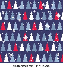 Seamless pattern with fir trees, snow. Colorful background vector. Design illustration. A lot of fir-trees. Decorative wallpaper, good for printing. Happy New Year. Winter time