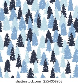 Seamless pattern with fir trees, snow. Design illustration. A lot of fir-trees.