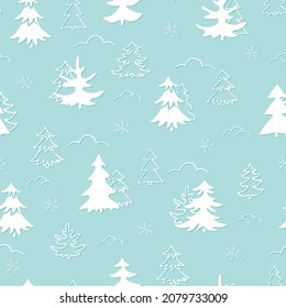 Seamless pattern of fir trees, snowflakes on a mint or light blue background. Hand drawn sketch, white outline and silhouette, cut out effect. Vector for Christmas and New year design, winter forest.