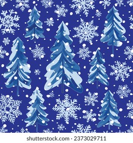 Seamless pattern, fir trees and snowflakes, vector background on a winter theme