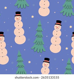 Seamless pattern with fir trees and snowmen. Vector graphics.