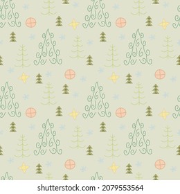 Seamless pattern with fir trees and stars. Pastel Christmas background vector.