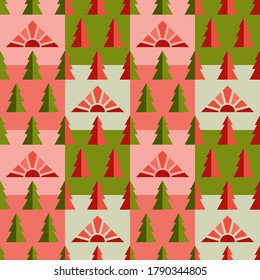 Seamless pattern with fir trees and sunrise, on checkered background, in pink, green, and red. For Christmas or outdoor travelling design