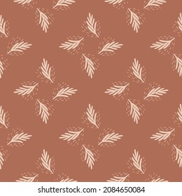 Seamless pattern fir twig on light brown background. Vector geometric template in doodle style. Christmas forest texture for fabric, wrapping paper, wallpaper, tissue.