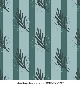 Seamless pattern fir twig on blue striped background. Vector geometric template in doodle style. Christmas forest texture for fabric, wrapping paper, wallpaper, tissue.