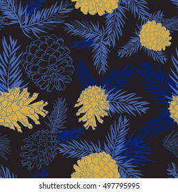 Seamless pattern with fir-cone in blue colors. Christmas tree ornament Vector illustrations