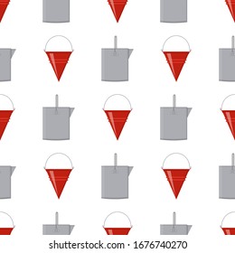 Seamless pattern with fire bucket and tin bucket empty or with water on white background. Cartoon style. Vector illustration for any design.