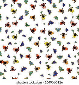 Seamless pattern of fire and butterflies.   Cute vector illustrations in Doodle style. Camping, Hiking, traveling with children.