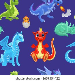 Seamless pattern fire dragons or Cute dinosaurs