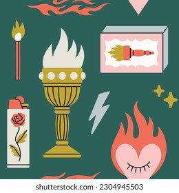 Seamless pattern with fire elements. Matchbox, heart, lighter, flame, lightning etc. Mysterious design. Hand drawn vector illustration. Ideal for prints, fabric and wrapping paper design.
