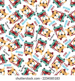 Seamless pattern of fire fighter car with tiger fire fighter animal cartoon. Creative vector childish background for fabric, textile, nursery wallpaper, card, poster and other decoration.