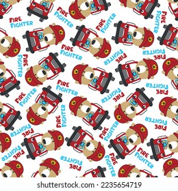 Seamless pattern of fire fighter car with tiger fire fighter animal cartoon. Creative vector childish background for fabric, textile, nursery wallpaper, card, poster and other decoration.