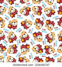 Seamless pattern of fire fighter car with tiger fire fighter animal cartoon. Creative vector childish background for fabric, textile, nursery wallpaper, card, poster and other decoration.