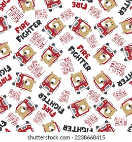 Seamless pattern of fire fighter car with bear fire fighter animal cartoon. Creative vector childish background for fabric, textile, nursery wallpaper, card, poster and other decoration.