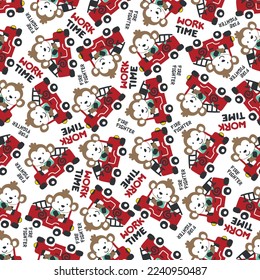 Seamless pattern of fire fighter car with monkey fire fighter animal cartoon. Creative vector childish background for fabric, textile, nursery wallpaper, card, poster and other decoration.