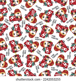 Seamless pattern of fire fighter car with lion fire fighter animal cartoon. Creative vector childish background for fabric, textile, nursery wallpaper, card, poster and other decoration.